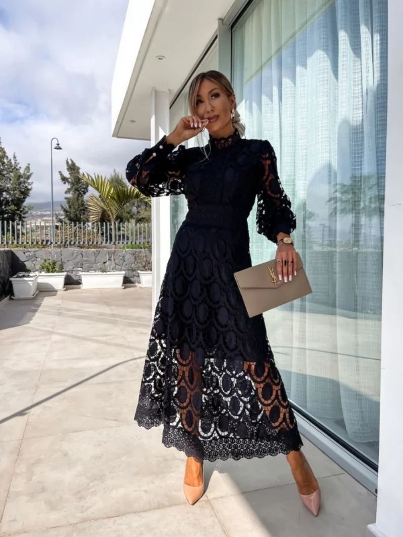 Brenda | Effortless Crochet Lace Long Sleeve Midi Dress