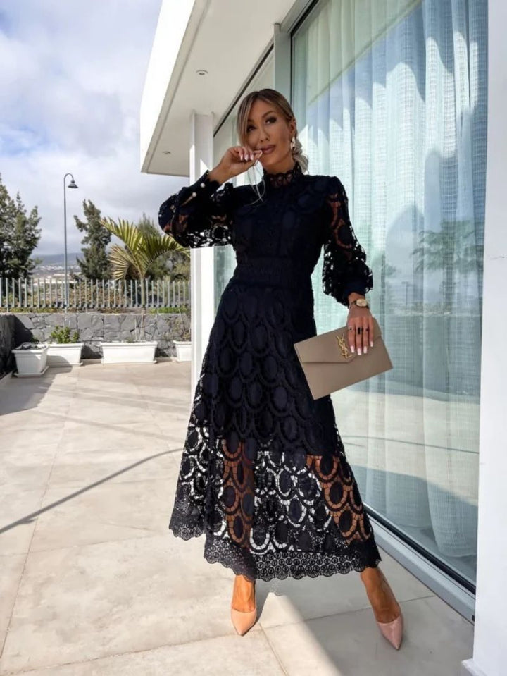 Brenda | Effortless Crochet Lace Long Sleeve Midi Dress