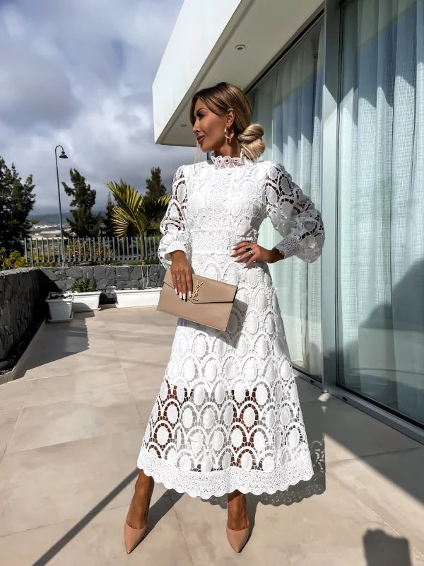 Brenda | Effortless Crochet Lace Long Sleeve Midi Dress