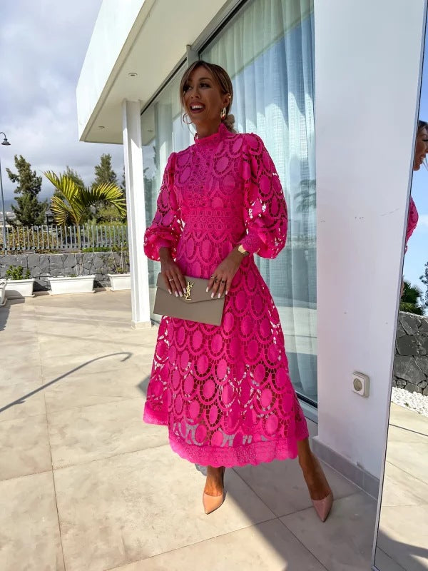Brenda | Effortless Crochet Lace Long Sleeve Midi Dress