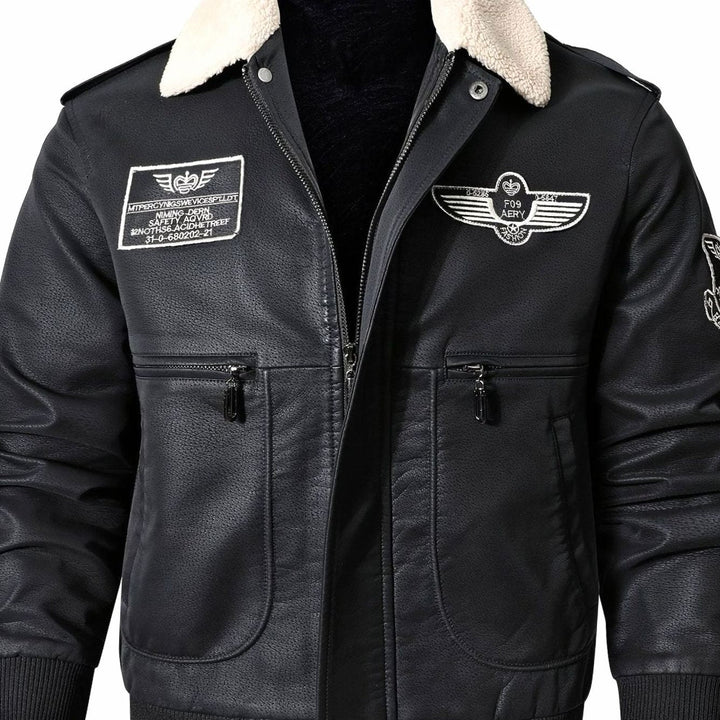 Caleb | Aviator Bomber Leather Jacket with Patches
