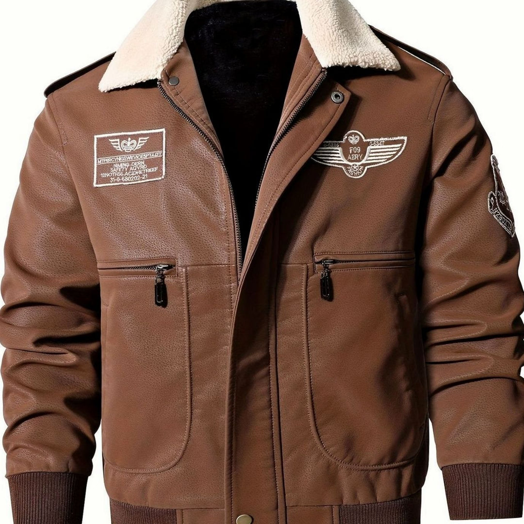 Caleb | Aviator Bomber Leather Jacket with Patches