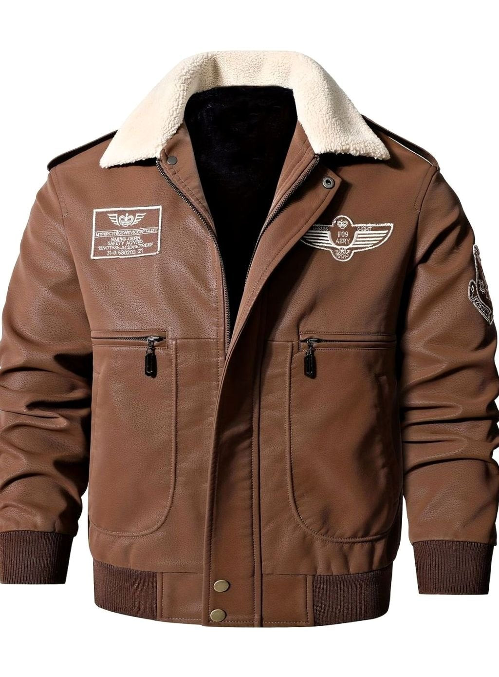 Caleb | Aviator Bomber Leather Jacket with Patches