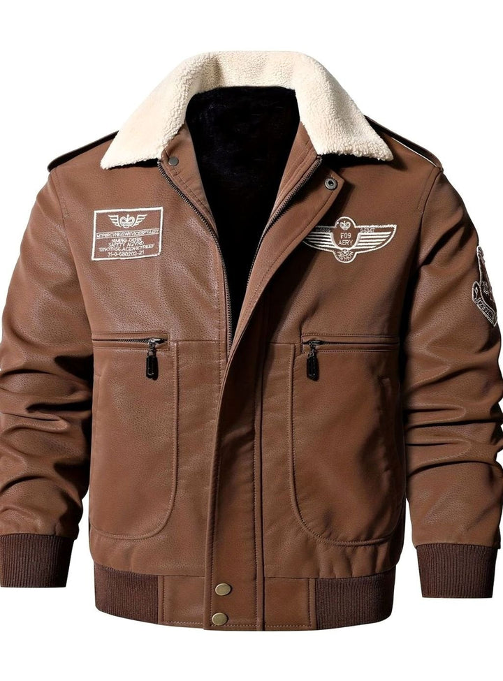 Caleb | Aviator Bomber Leather Jacket with Patches