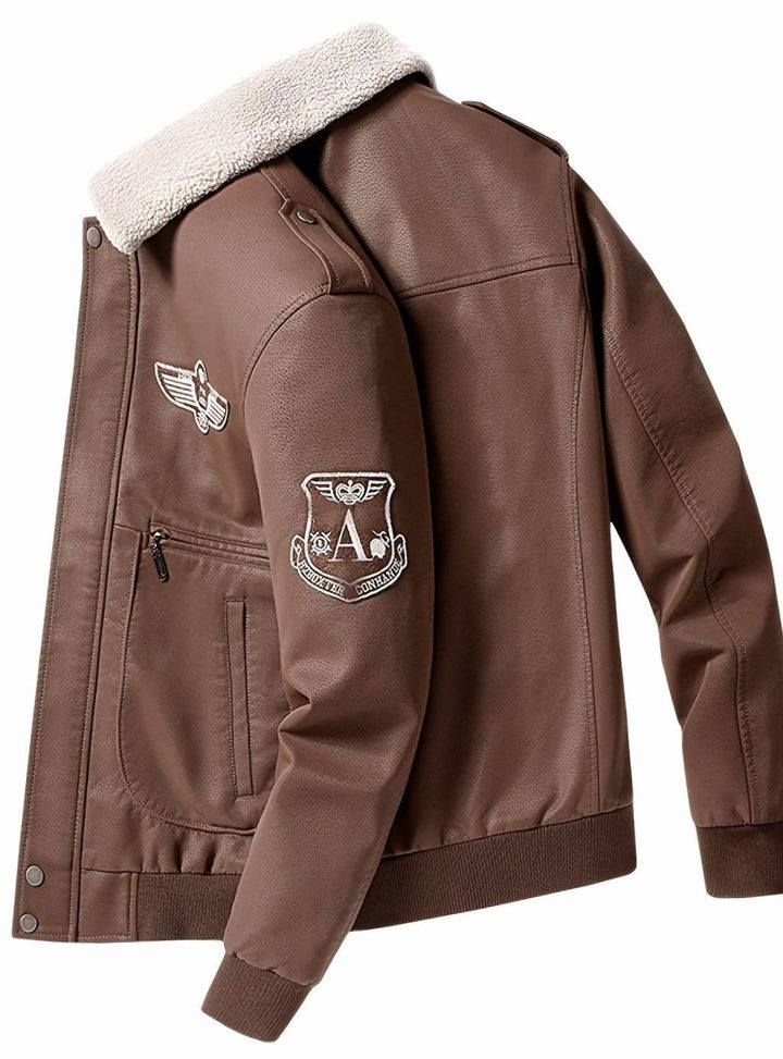 Caleb | Aviator Bomber Leather Jacket with Patches
