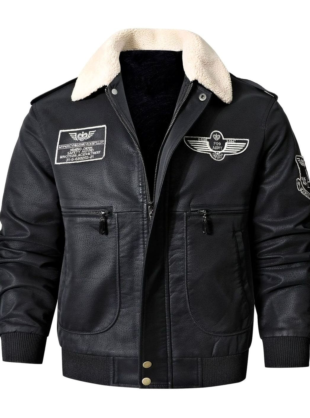 Caleb | Aviator Bomber Leather Jacket with Patches