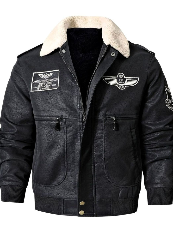 Caleb | Aviator Bomber Leather Jacket with Patches