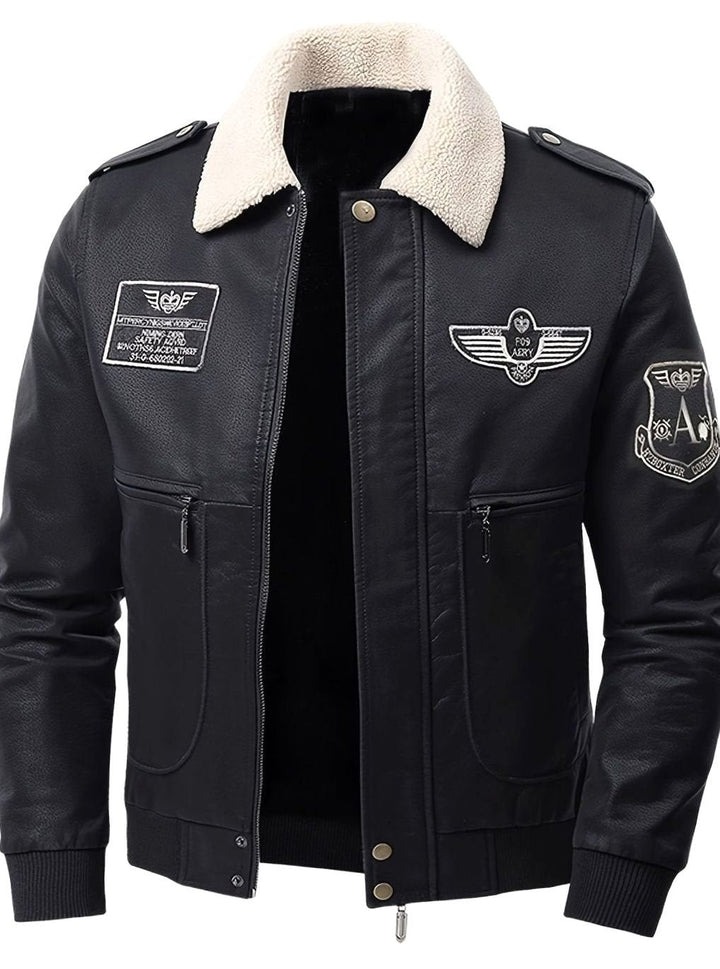 Caleb | Aviator Bomber Leather Jacket with Patches