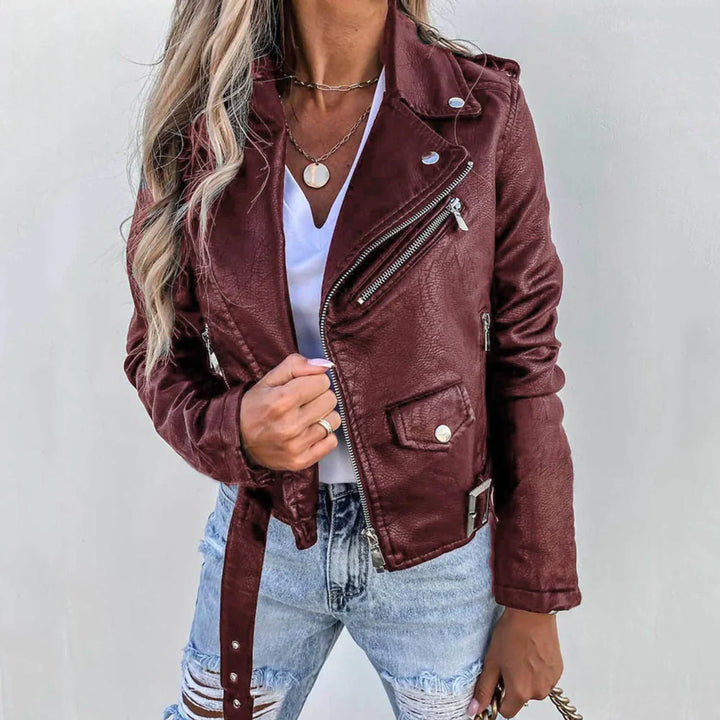 Carol | Graceful Belted Asymmetric Zip Leather Jacket