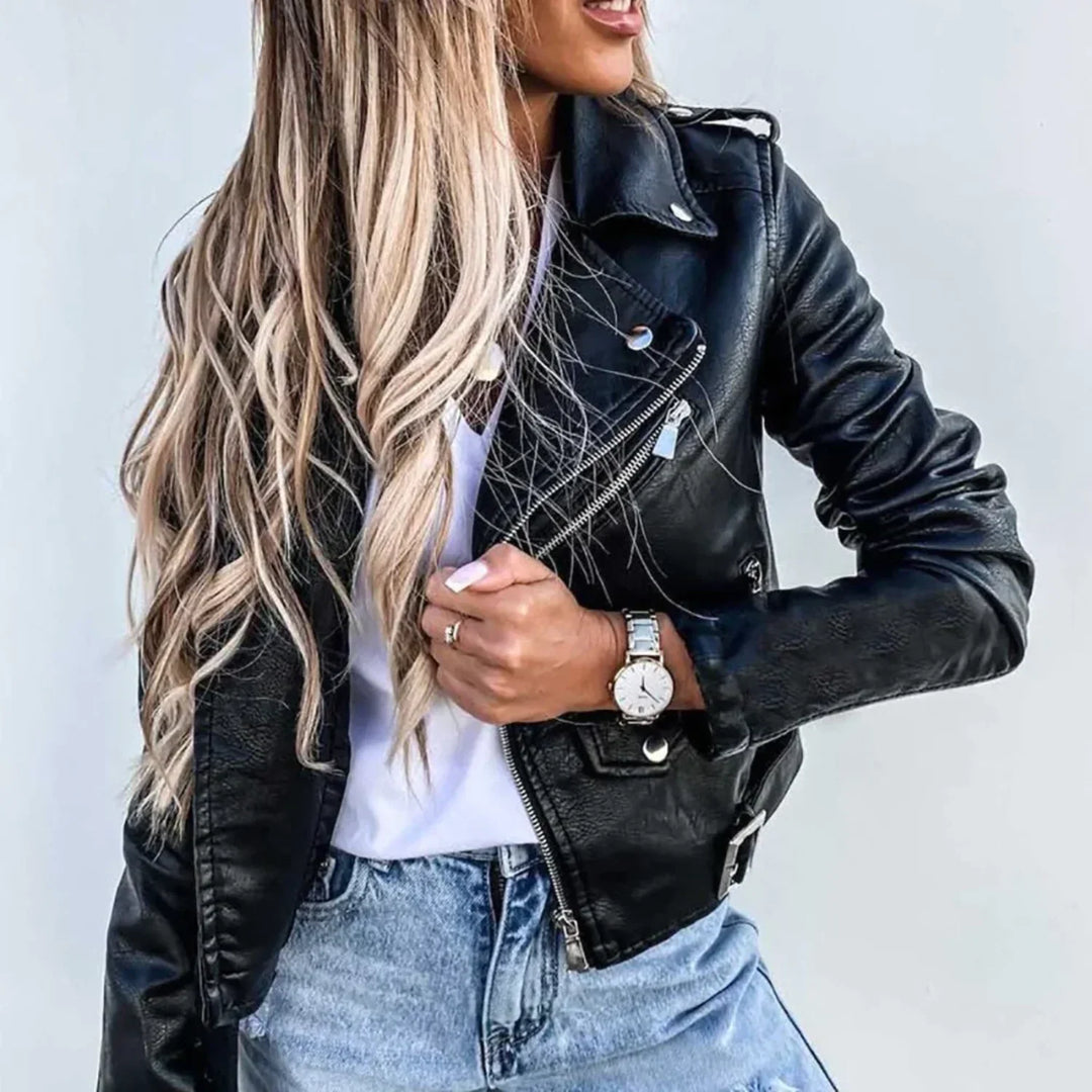 Carol | Graceful Belted Asymmetric Zip Leather Jacket