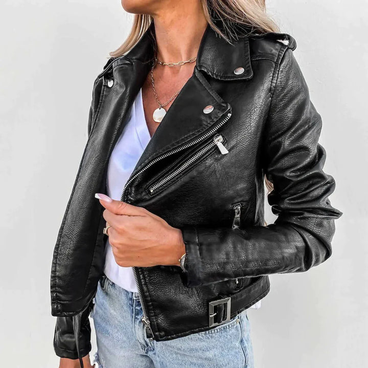 Carol | Graceful Belted Asymmetric Zip Leather Jacket