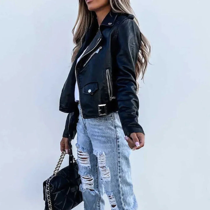 Carol | Graceful Belted Asymmetric Zip Leather Jacket