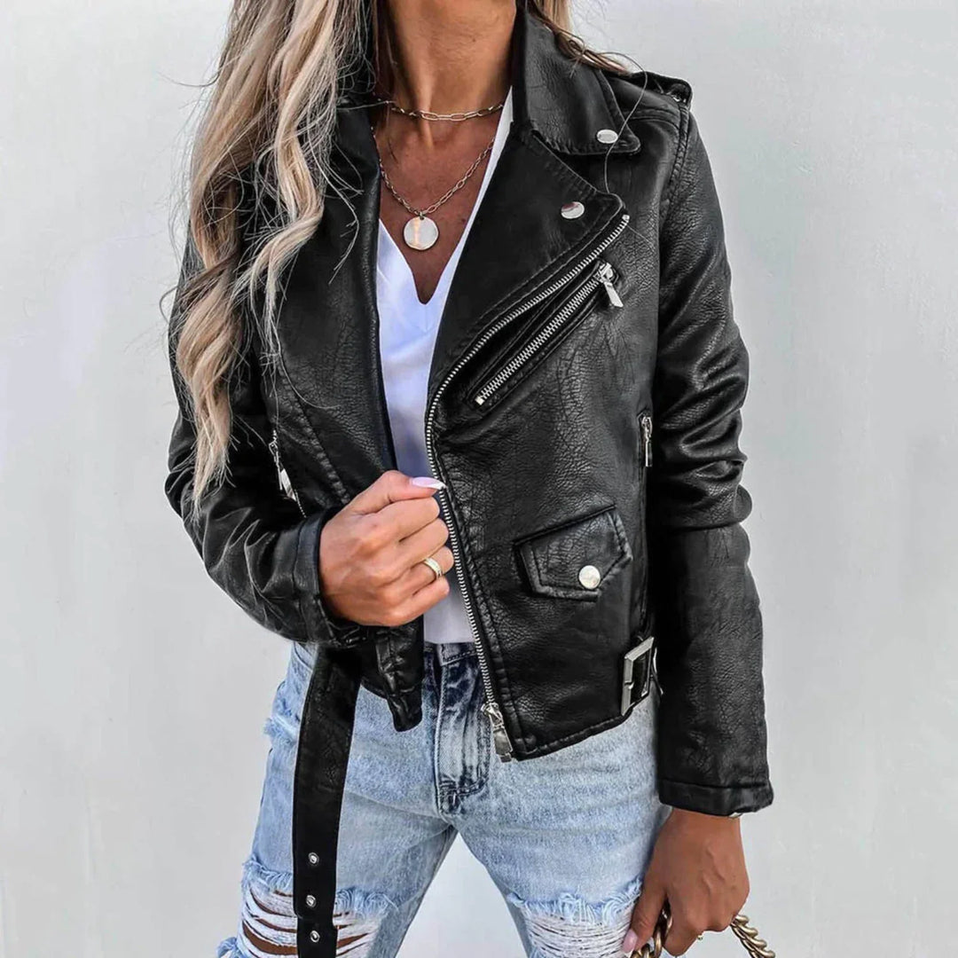 Carol | Graceful Belted Asymmetric Zip Leather Jacket