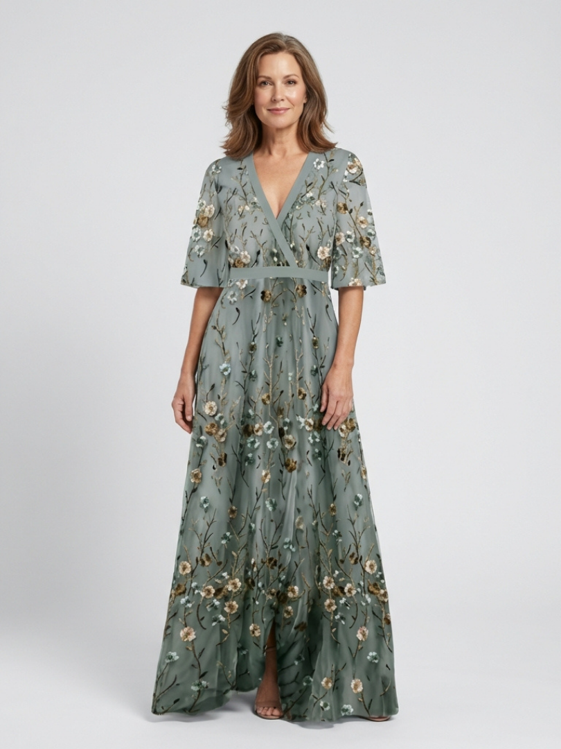 Carol | Graceful Floral V-Neck Maxi Holiday Dress
