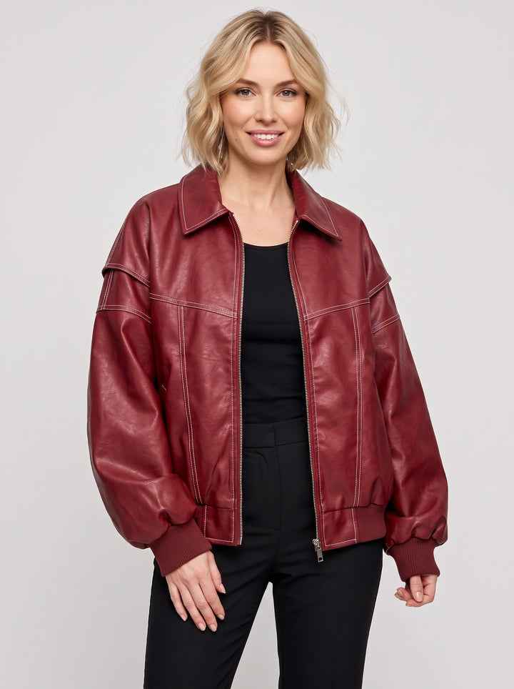 Carol | Oversized Contrast Stitch Bomber Leather Jacket