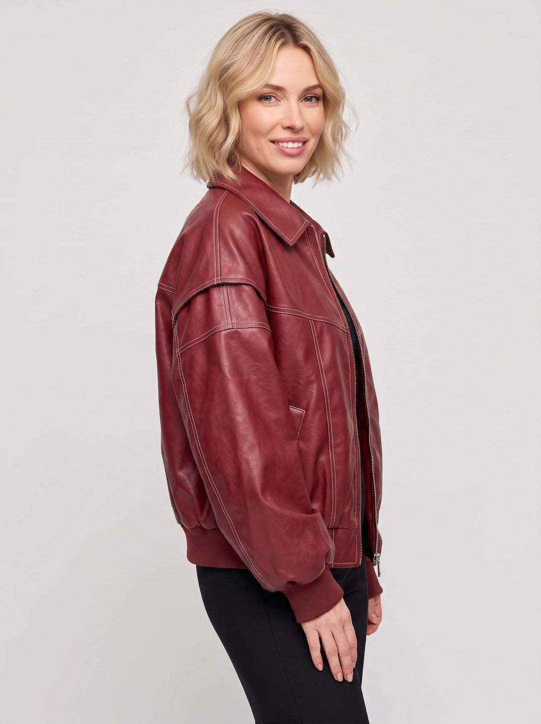 Carol | Oversized Contrast Stitch Bomber Leather Jacket