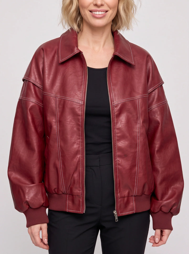 Carol | Oversized Contrast Stitch Bomber Leather Jacket