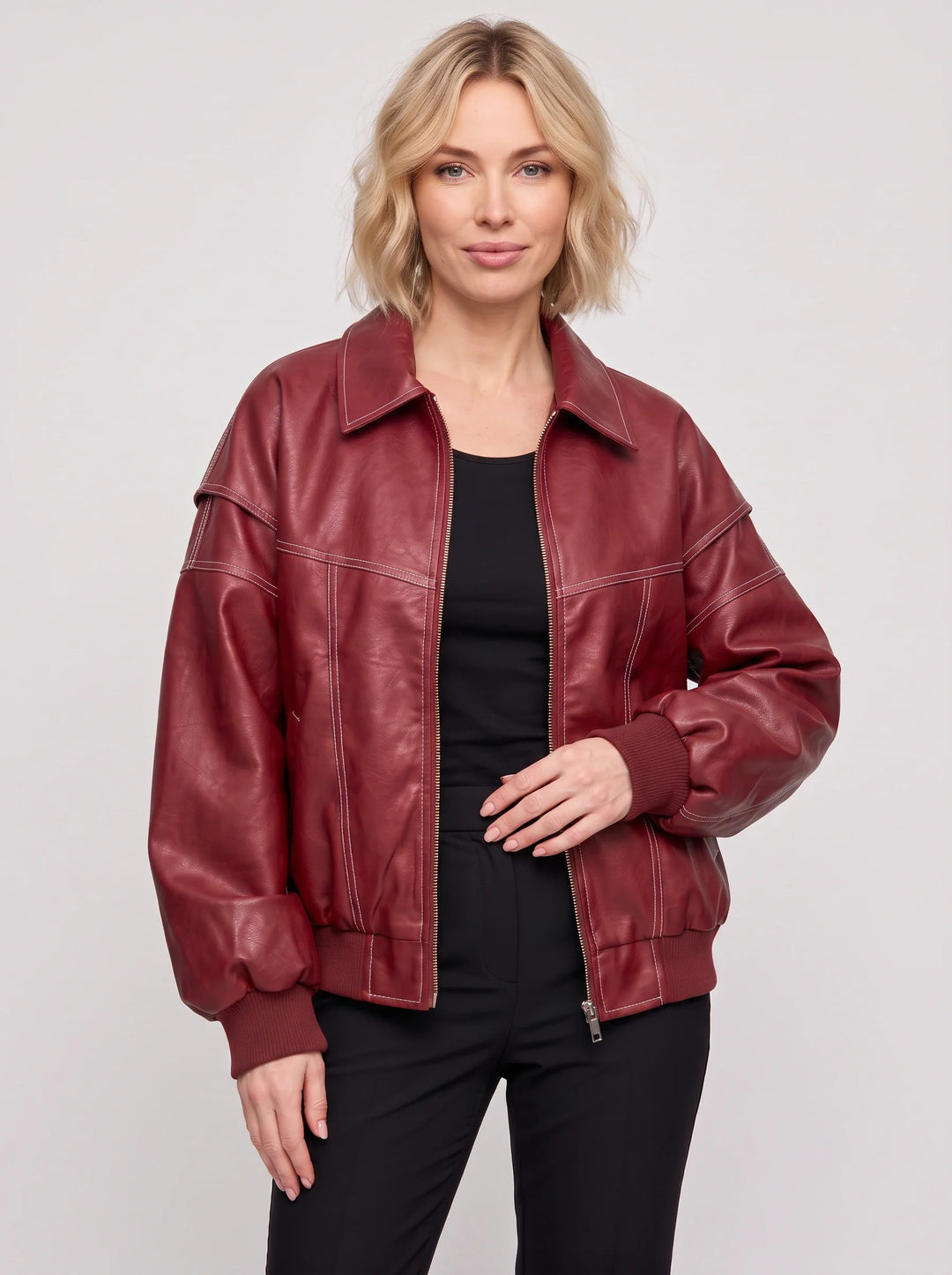 Carol | Oversized Contrast Stitch Bomber Leather Jacket