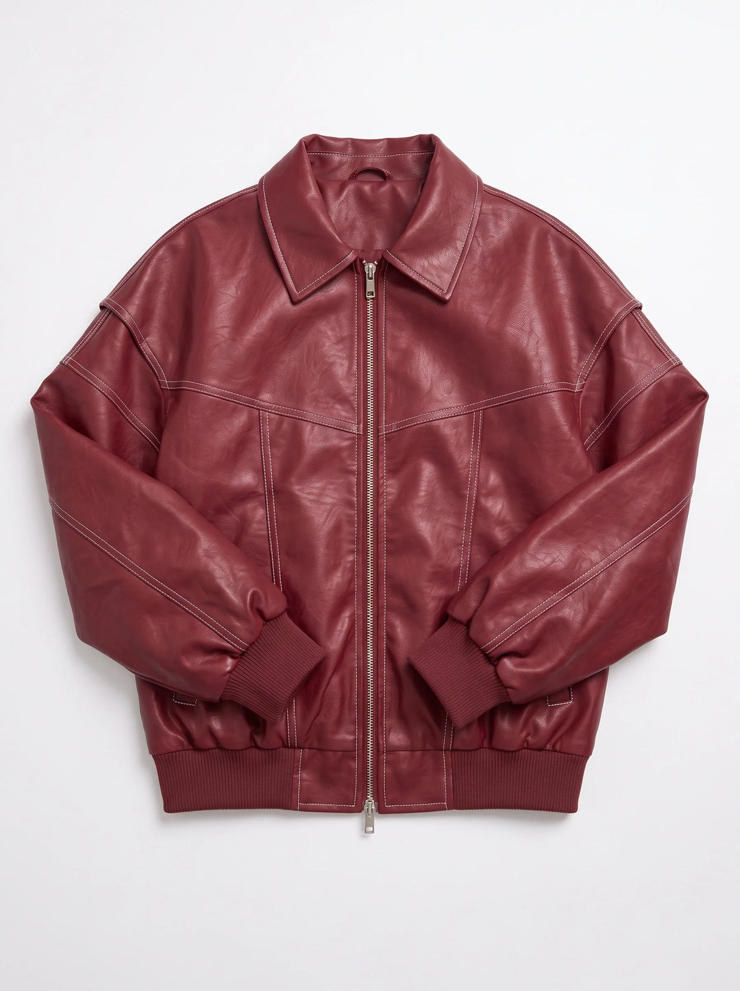 Carol | Oversized Contrast Stitch Bomber Leather Jacket