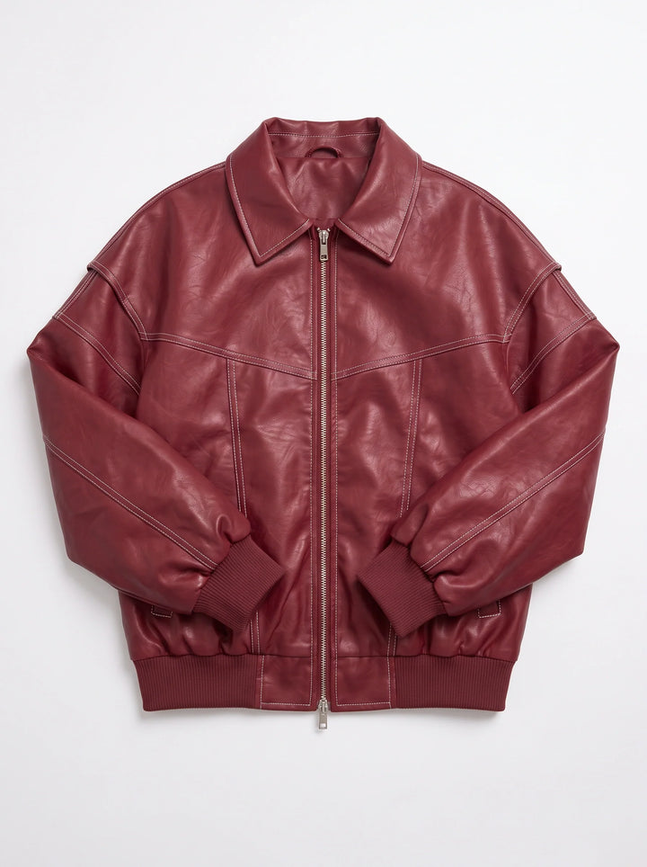 Carol | Oversized Contrast Stitch Bomber Leather Jacket
