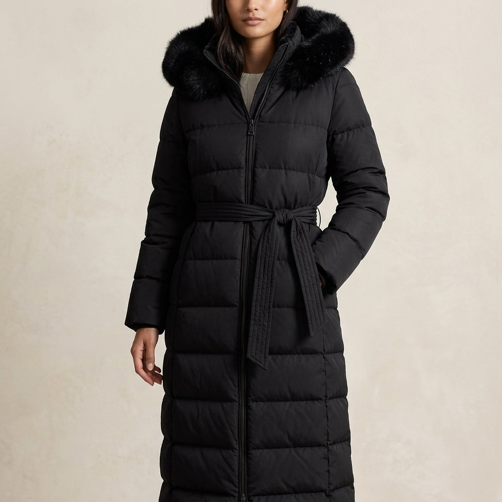 Carolyn | Refined Belted Long Hooded Puffer Jacket