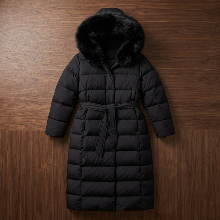 Carolyn | Refined Belted Long Hooded Puffer Jacket