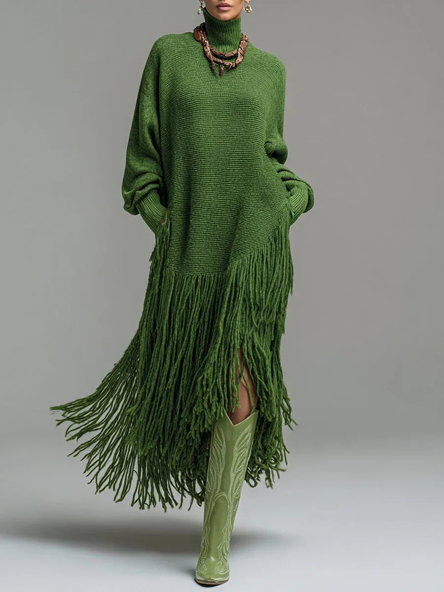 Catherine | Graceful Fringe Turtleneck Sweater Dress