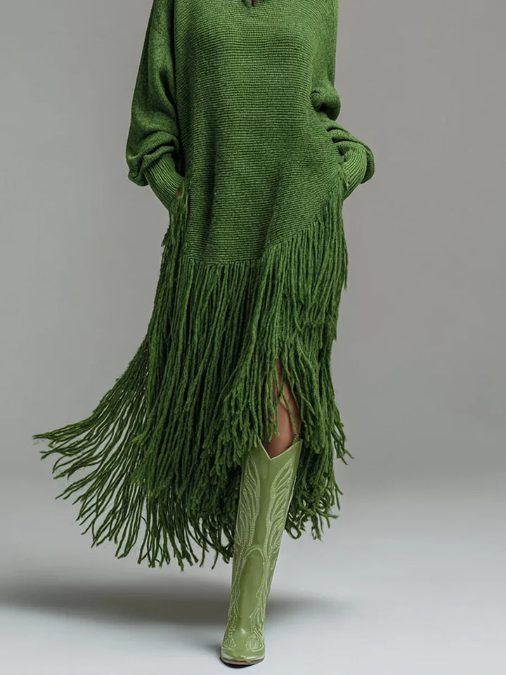 Catherine | Graceful Fringe Turtleneck Sweater Dress