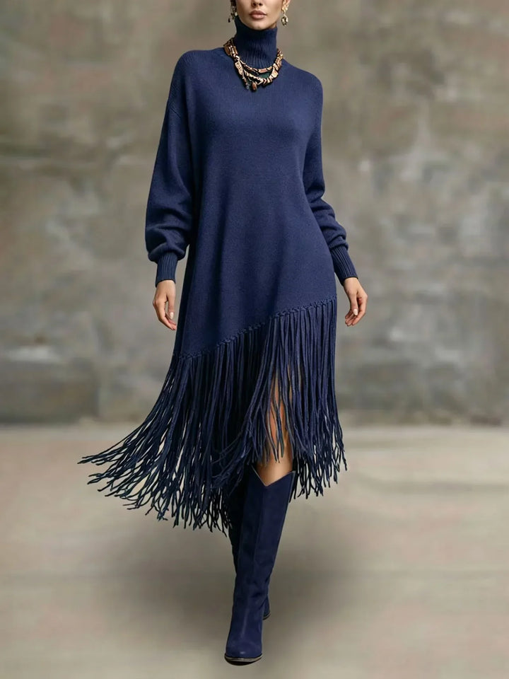 Catherine | Graceful Fringe Turtleneck Sweater Dress