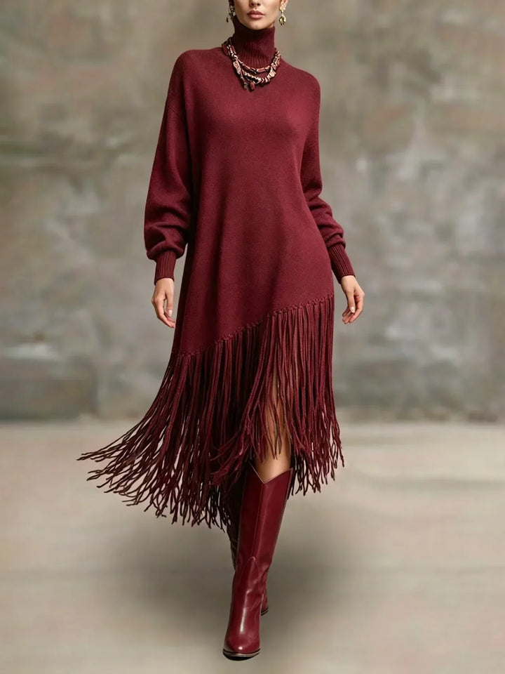 Catherine | Graceful Fringe Turtleneck Sweater Dress