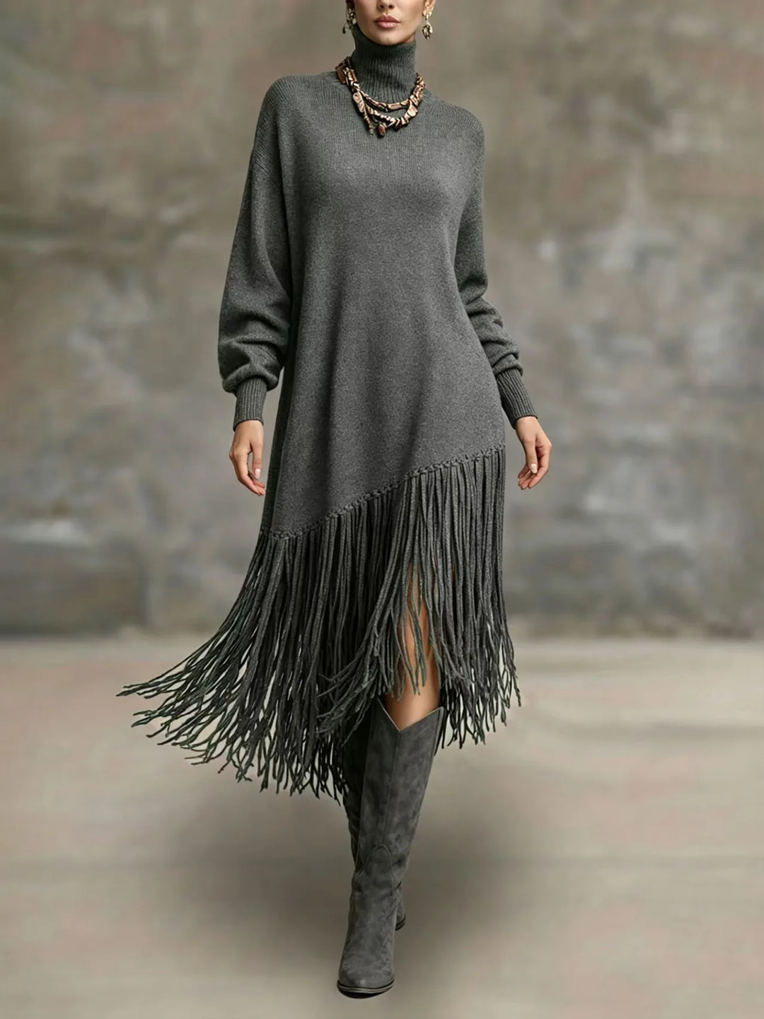 Catherine | Graceful Fringe Turtleneck Sweater Dress
