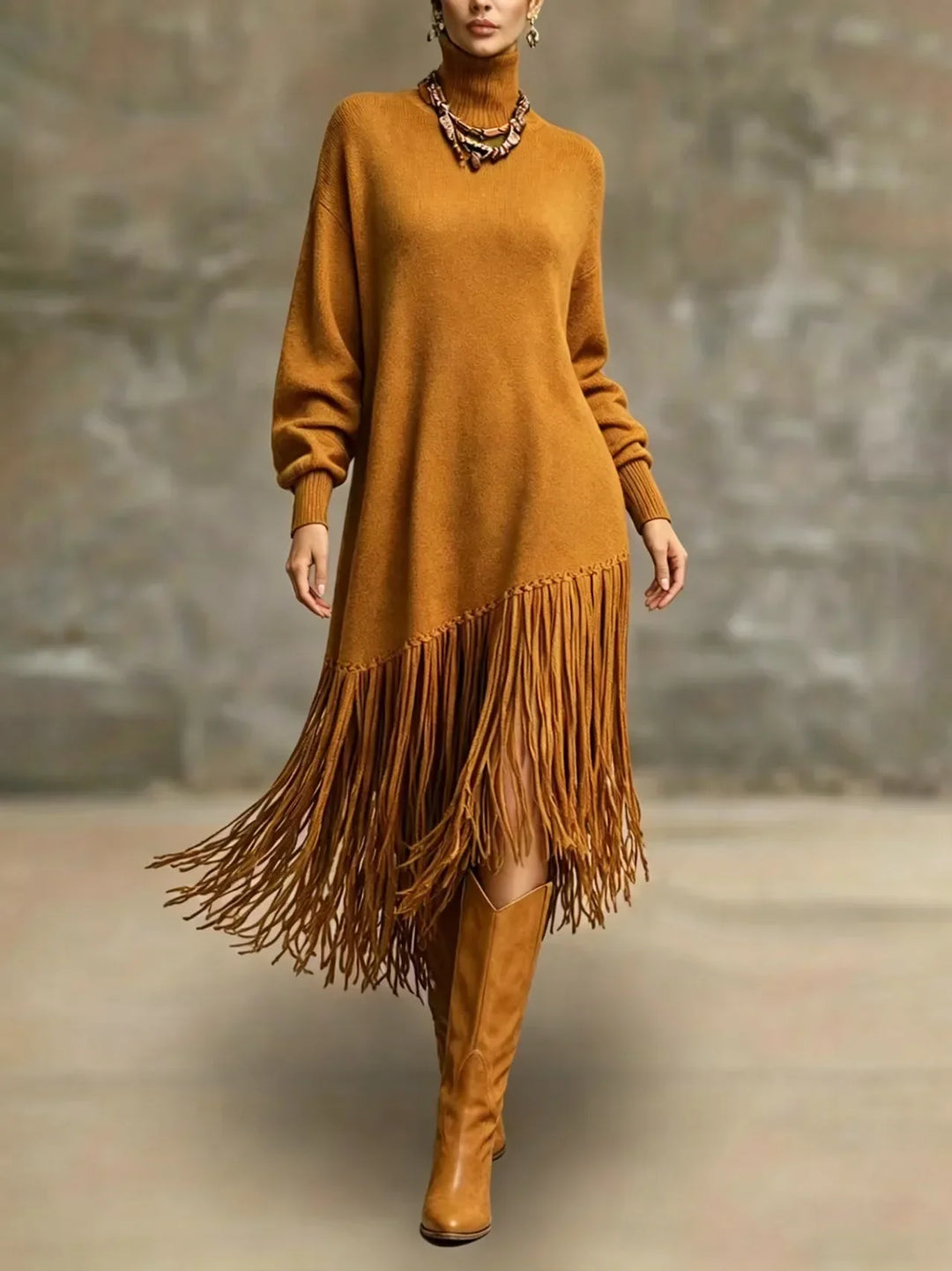 Catherine | Graceful Fringe Turtleneck Sweater Dress