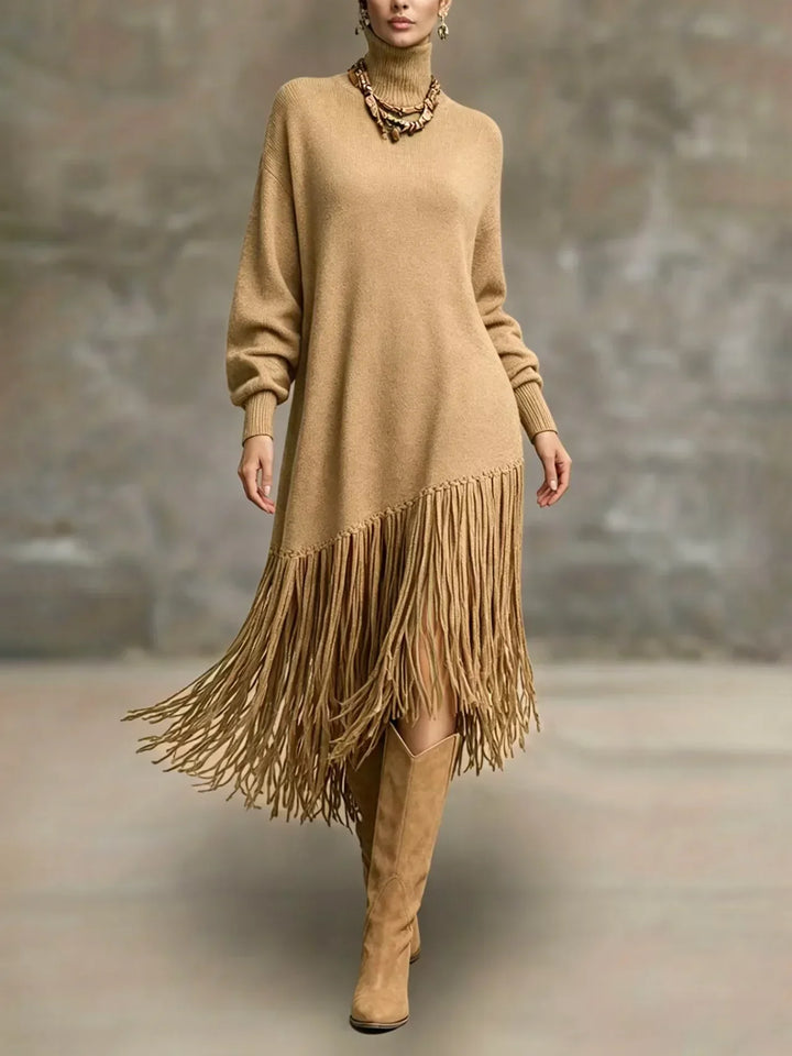 Catherine | Graceful Fringe Turtleneck Sweater Dress