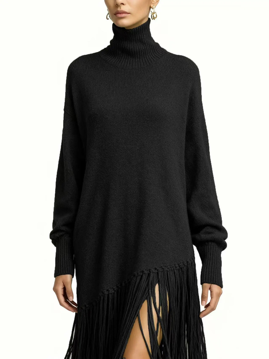 Catherine | Graceful Fringe Turtleneck Sweater Dress