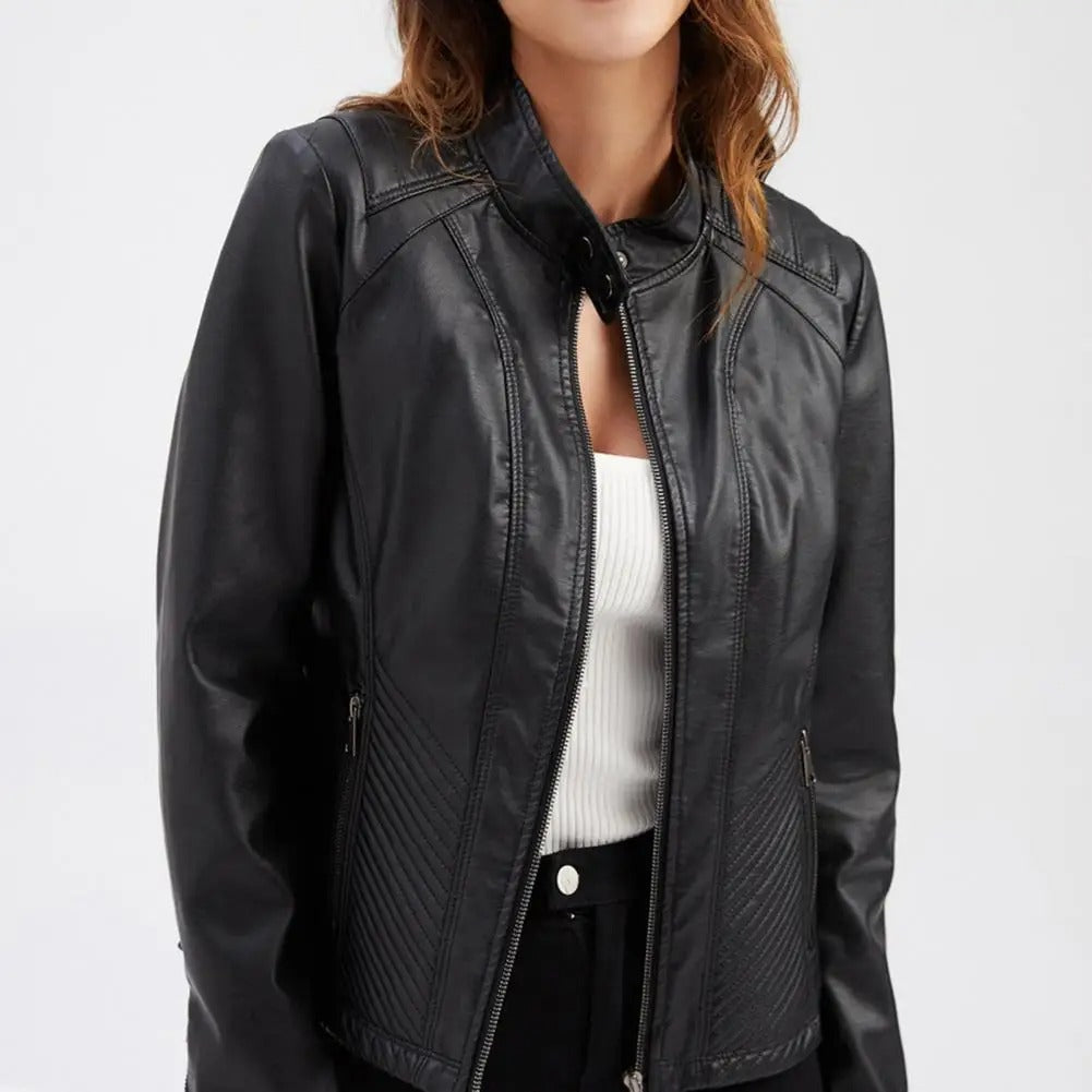 Catherine | Graceful Quilted Leather Bomber Jacket with Moto Collar