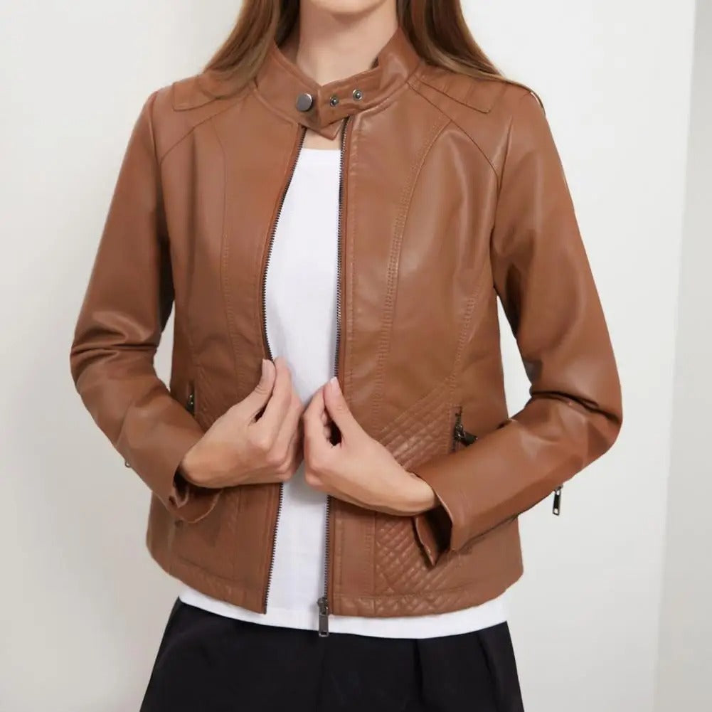 Catherine | Graceful Quilted Leather Bomber Jacket with Moto Collar