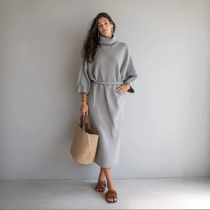 Catherine | Stylish Ribbed Turtleneck Sweater Dress with Tie Belt