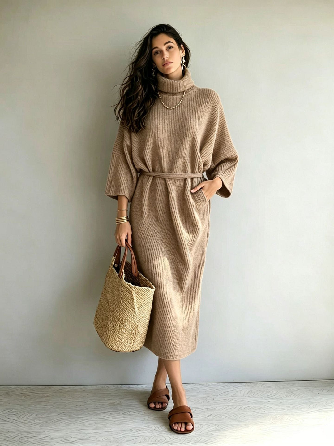 Catherine | Stylish Ribbed Turtleneck Sweater Dress with Tie Belt