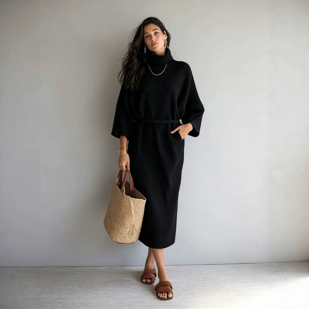 Catherine | Stylish Ribbed Turtleneck Sweater Dress with Tie Belt