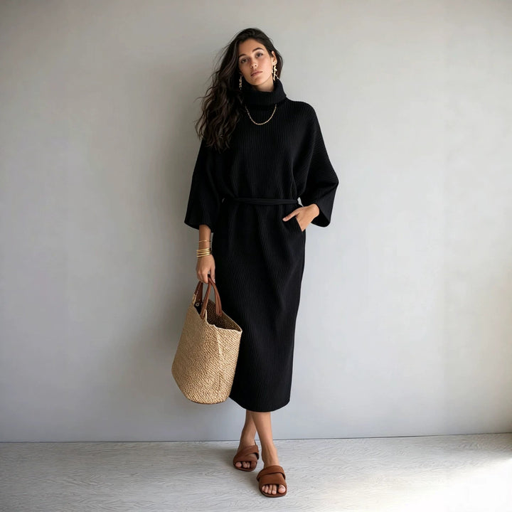 Catherine | Stylish Ribbed Turtleneck Sweater Dress with Tie Belt