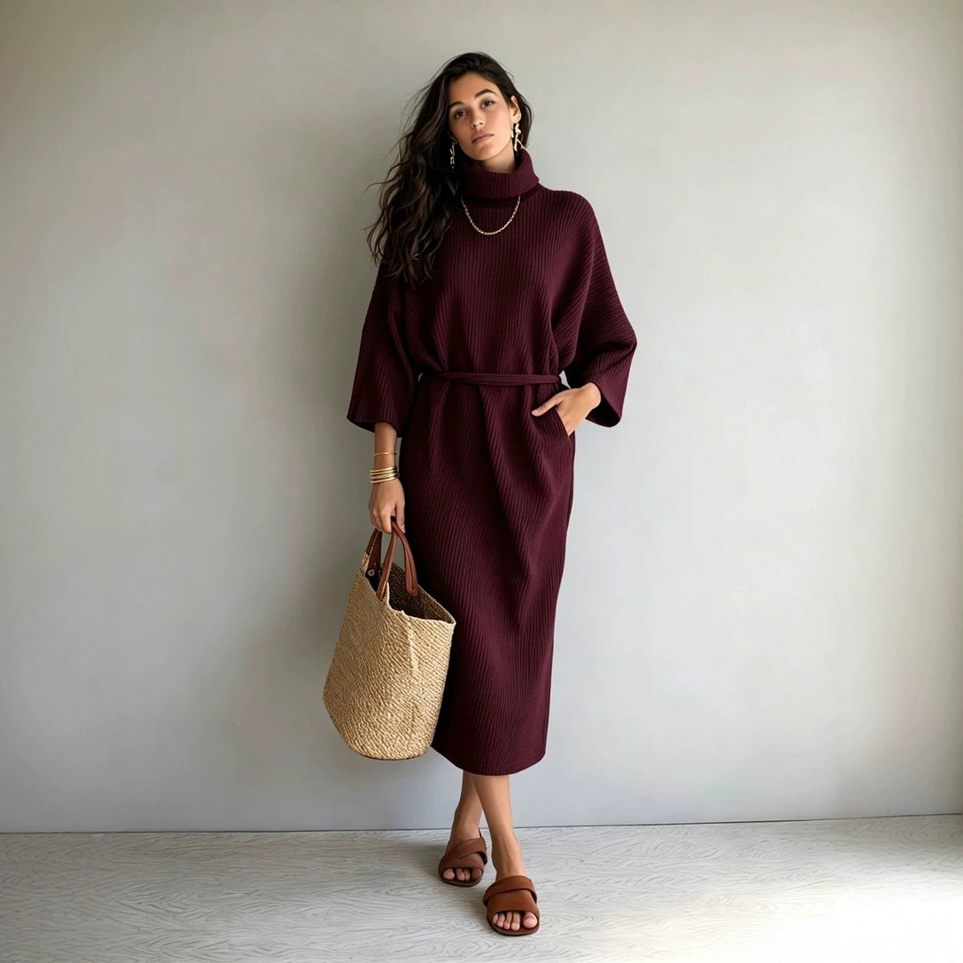 Catherine | Stylish Ribbed Turtleneck Sweater Dress with Tie Belt