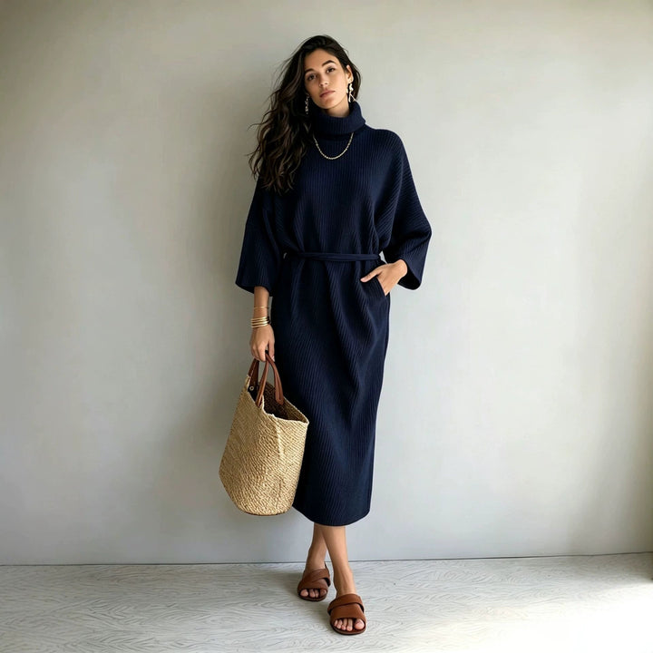 Catherine | Stylish Ribbed Turtleneck Sweater Dress with Tie Belt