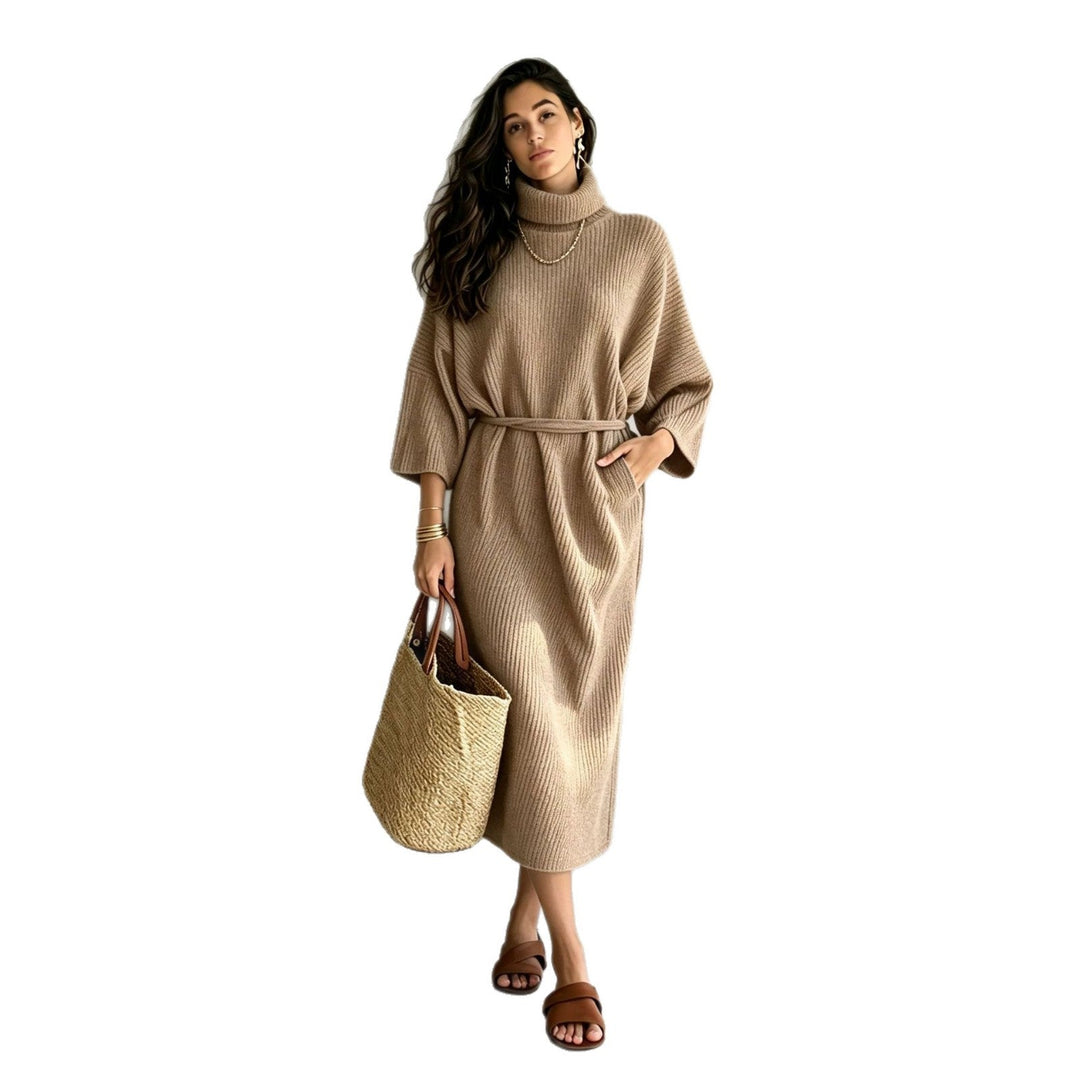 Catherine | Stylish Ribbed Turtleneck Sweater Dress with Tie Belt