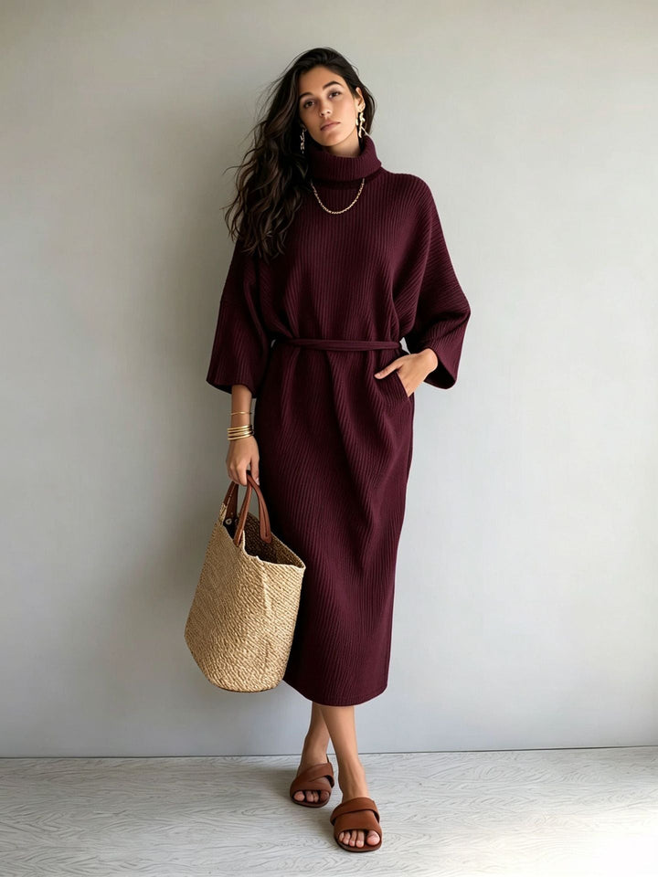 Catherine | Stylish Ribbed Turtleneck Sweater Dress with Tie Belt
