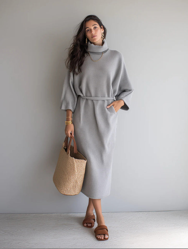 Catherine | Stylish Ribbed Turtleneck Sweater Dress with Tie Belt
