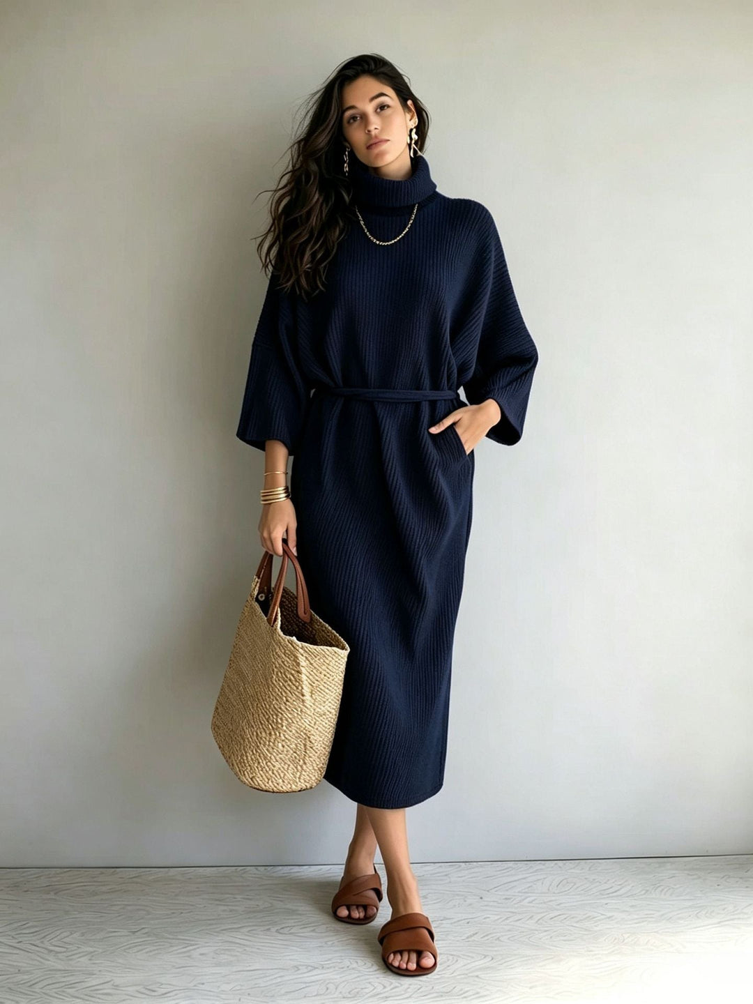 Catherine | Stylish Ribbed Turtleneck Sweater Dress with Tie Belt