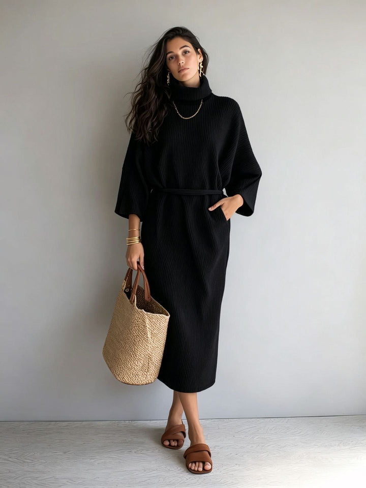 Catherine | Stylish Ribbed Turtleneck Sweater Dress with Tie Belt