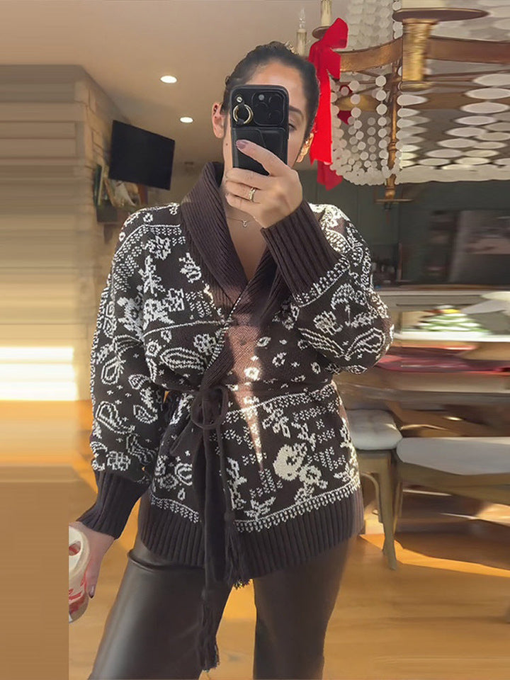 Christina | Cozy Belted Shawl Collar Fair Isle Cardigan Womens
