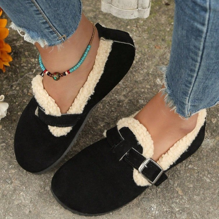 Christine | Elegant Fleece-Lined Teddy Collar Slippers with Buckle Strap
