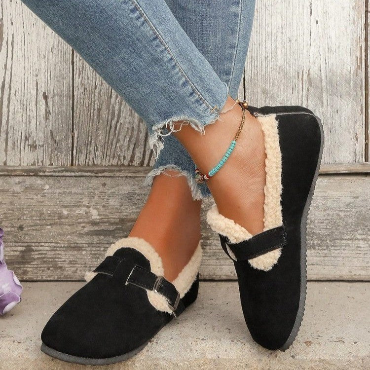 Christine | Elegant Fleece-Lined Teddy Collar Slippers with Buckle Strap